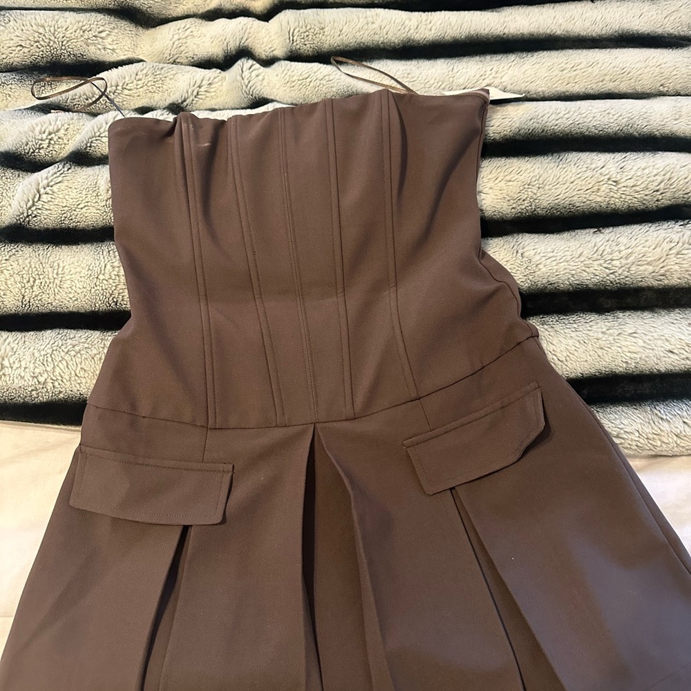 Superdown Strapless Brown Pleated Mini Dress - image 2